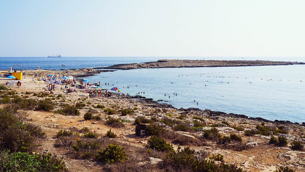 Qawra Point beach in Buġibba, Malta