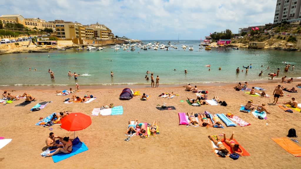 St. Georges Bay beach in St Julians, Malta